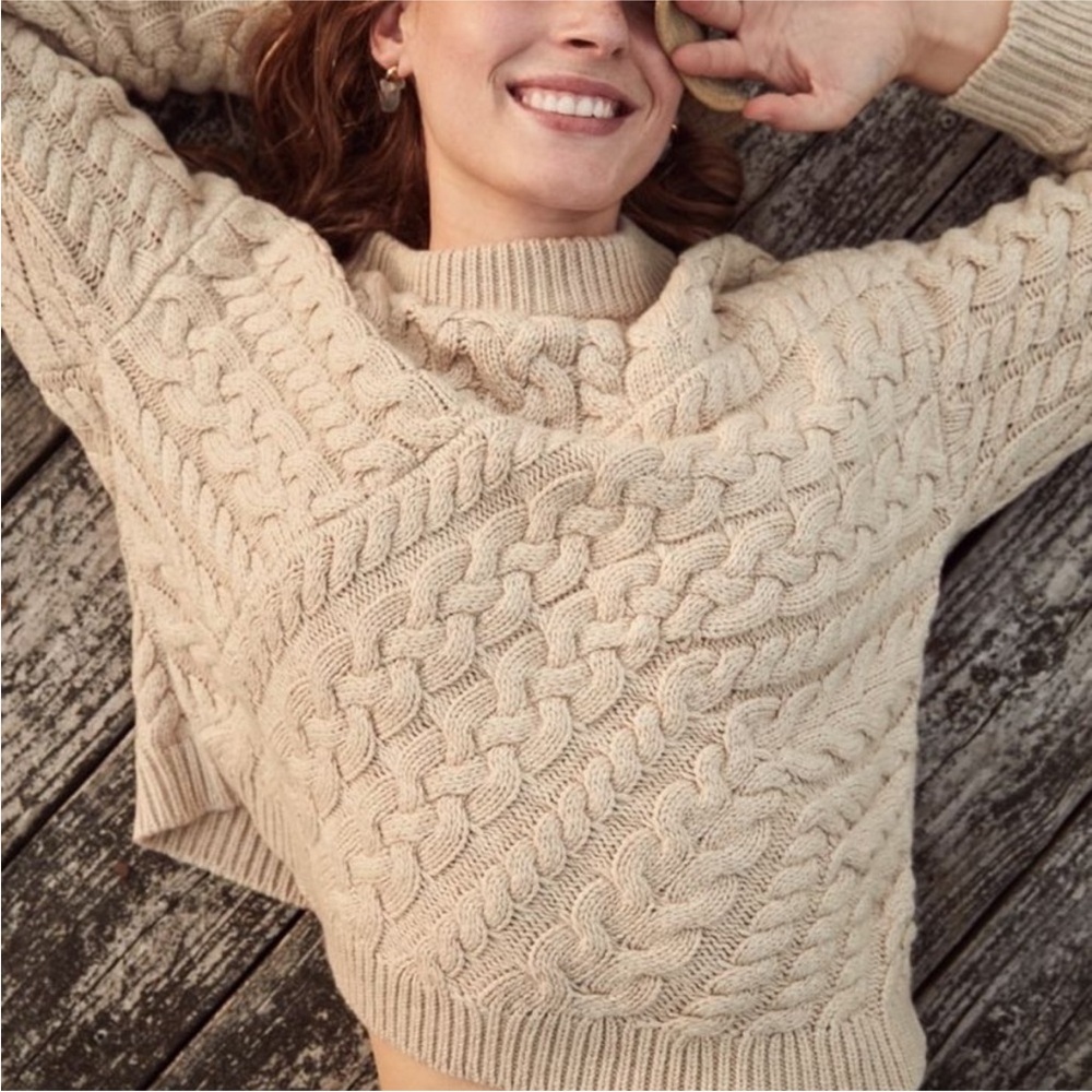 J CREW Curved Cable-Knit Sweater 3X Lambswool Blend Chunky Crewneck Pullover